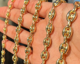 Puffed Anker Mariner Gliederketten-Halskette 14K Gelbgold plattiert Silber 925 ALLE GRÖSSEN