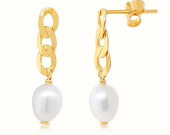 14K Gold Plated Short Curb Chain Earrings with Pearl, Pearl Link Chain Drop Earrings | Perfect Gift for Her, Birthday Gift