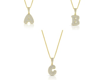 Baby Bubble Initials Letter A-Z | CZ Necklace Gold Plated .925 Sterling Silver | Box Chain