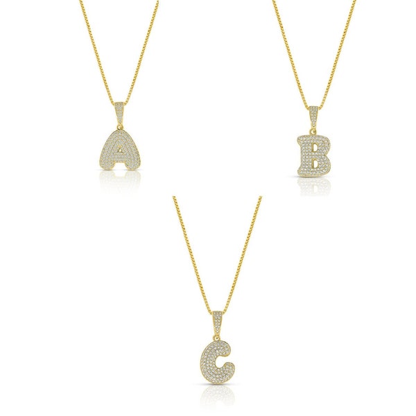 Baby Bubble Initials Letter A-Z | CZ Necklace Gold Plated .925 Sterling Silver | Box Chain
