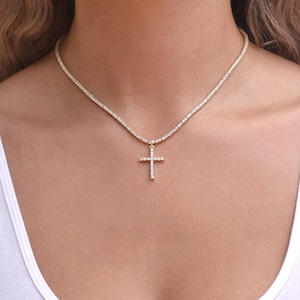 Cubic Zirconia Cross Tennis Necklaces .925 Sterling Silver | Iced Out Diamond Tennis Necklace | Dropped Cross Pendant