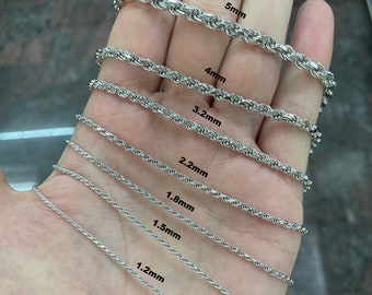 Rhodium Plated Sterling Silver Rope Chain Necklace, 1.2mm 1.5mm 1.8mm 2.2mm  3.2mm 4mm and 5mm, Sizes 16-24, Made In Italy
