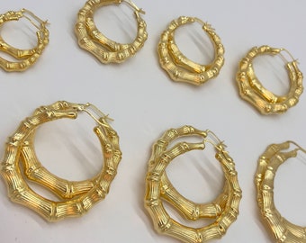 Sterling Silver 925 | Bamboo Earrings Hoops | 14K Gold Plated | 35mm 50mm 55mm 60mm 65mm 70mm 75mm