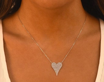 CZ Diamond Stone Heart Shape Necklace -  14K Gold or Rhodium Plated 925 Silver - 14" + 2 Extender