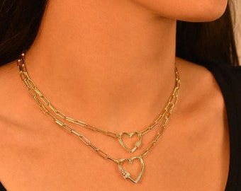 Double Layered Heart Paper Clips Necklace -  14K Gold or Rhodium Plated 925 Silver - 14" + 3 Extender