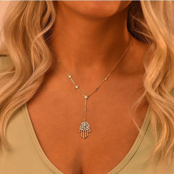 Hand of Hamsa Necklace with Stone - Bezel Chain Necklace with Diamond -  14K Gold or Rhodium Plated 925 Silver - 16" + 2" extender