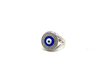 Round Pave Evil Eye Ring .925 Sterling Silver ALL SIZES , Best Gift for Her - Ring Gift - Evil Eye