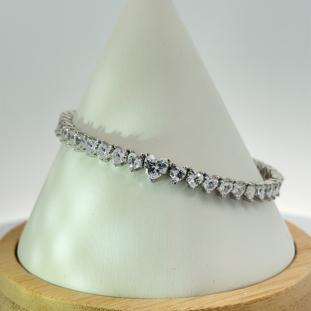 925 Sterling Silver Heart Shape Tennis Bracelet CZ Tennis Necklace 7.25 ...