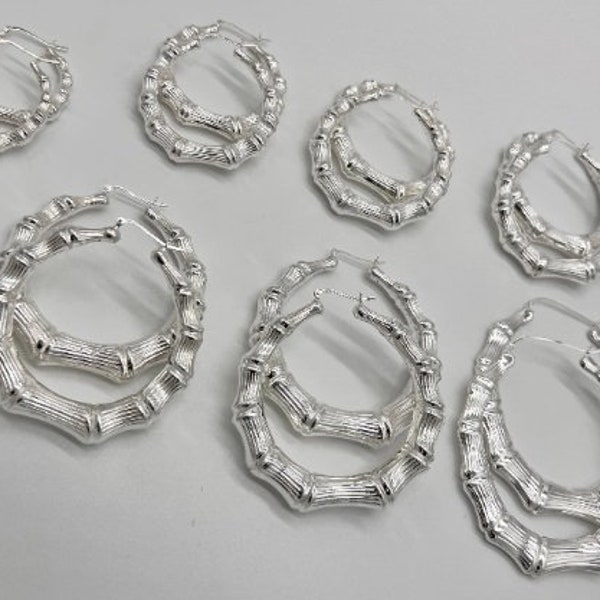 Sterling Silver 925 | Bamboo Earrings Hoops | Silver High Polished | 35mm 50mm 55mm 60mm 65mm 70mm 75mm