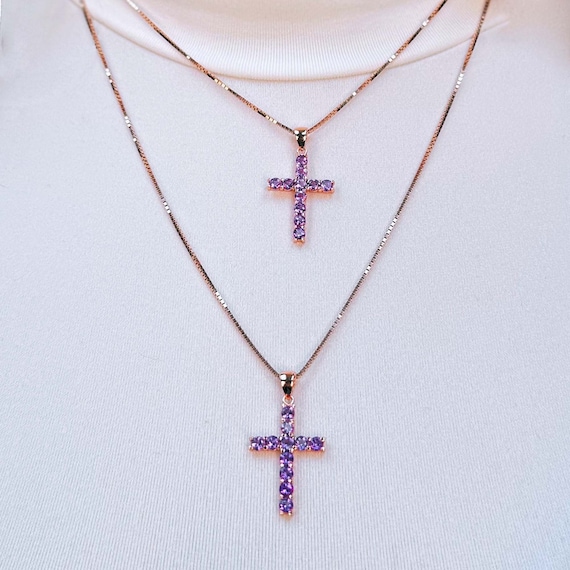 Purple Crystal Cross Pendant Rhodium on Sterling Silver - Nontarnish Purple Crystal Cross Pendant Rhodium on Sterling Silver - Nontarnish