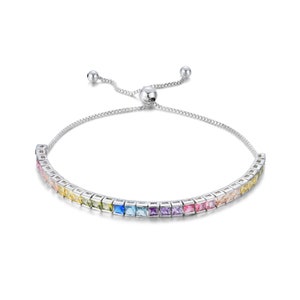 Adjustable Box Chain CZ Rainbow Bracelet .925 Sterling Silver For Her | Best Bracelet Gift 10"