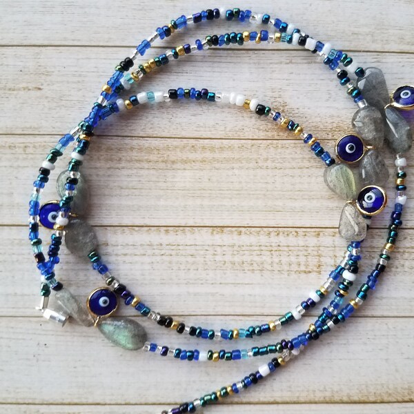 Labradorite Waist beads Evil eye protection, Blue and gold waistbeads, clasp, crystal waist chain