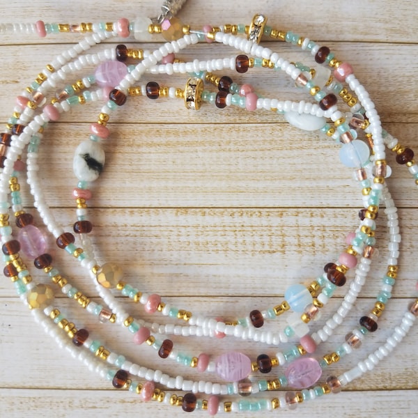 Moonstone, Opal, and Rose Quartz Waistbeads, Crystal Waist beads, Waist Chain, Weight Management, Pregnancy Journey, Clasp Waistbeads