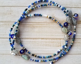 Labradorite Waist beads Evil eye protection, Blue and gold waistbeads, clasp, crystal waist chain