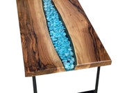 Transparent Customized Epoxy Table, Natural Wood Waterfall Turquoise Epoxy Table, Blue Resin River Table 20-35 mm Thickness (Only Top)