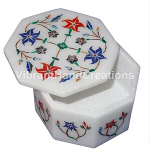 6x4x2 White Marble Jewelry Box Multi Semi Precious Gem Stones Floral Marquetry Inlay Wedding Gifts