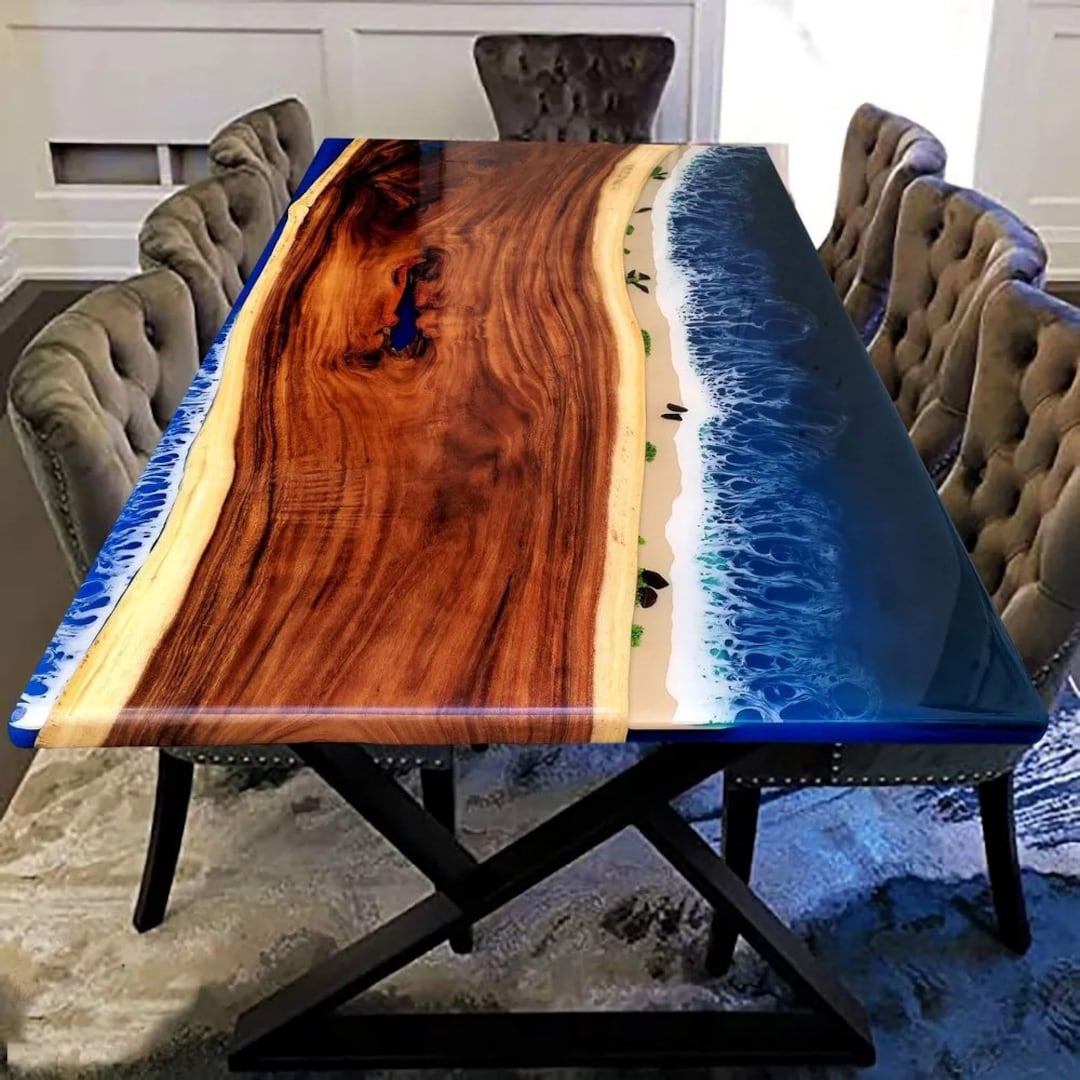 Ocean Wave Epoxy Resin Center Sofa Dining Top Table Wooden Live Edge ...
