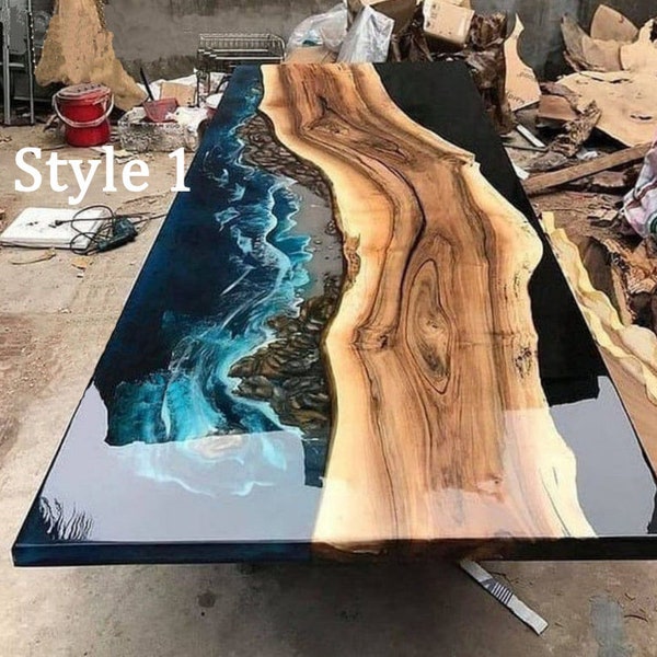 Custom Made Epoxy Resin Table Tops Handcrafted Mid Century Modern Art on Acacia Wood for Stylish Outdoor Decor