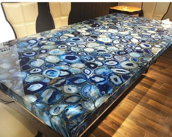 Mesa de comedor y café de piedra de ágata azul, muebles hechos a mano, losa de cocina, escritorio para reuniones y conferencias, decoraciones de pasillo de lujo