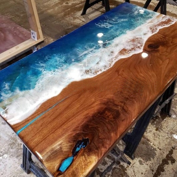 Custom Made Ocean Wave Epoxy Resin Center Sofa Dining Table Top Natural Acacia Wooden Live Edge Walnut Conference Meeting Desk Home Decors