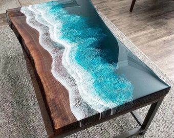 Maßgeschneiderte Ocean Wave Epoxidharz Esstischplatte Küchenplatte Holztisch Live Edge Walnuss Einweihungsdekoration