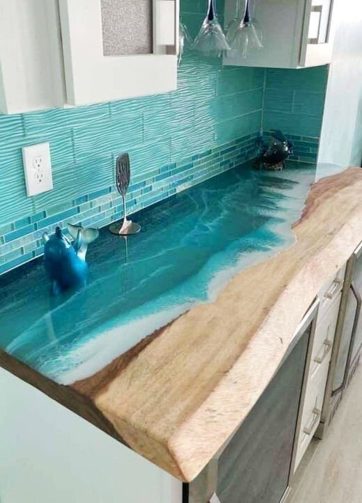 Ocean Epoxy Kitchen Island, Epoxy Countertop, Epoxy Kitchen Countertop,  Epoxy Wood Slab 