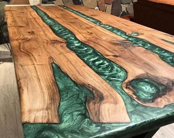 Mesa de comedor de resina epoxi verde, escritorio para reuniones y conferencias, decoraciones de escritorio de oficina de nogal con borde vivo de madera de lujo