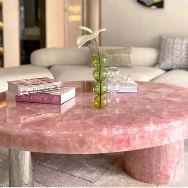 Table basse ronde en quartz rose, cristal de guérison, pierres précieuses, meubles de salon de luxe et décoration de jardin