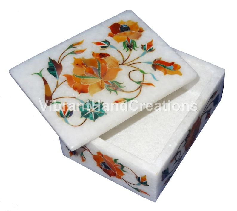 4x3x2 White Marble Jewelry Box Carnelian Gemstone Floral Inlay Beautiful Art Gift For Girls