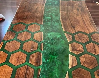 Tavolo da pranzo in resina epossidica verde Piano da cucina Lastra da cucina Conferenza Conferenza Scrivania Esagonale a nido d'ape Design Mobili fatti a mano in legno Decorazioni per la casa