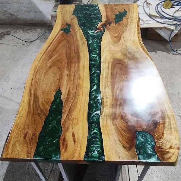 Green Epoxy Resin Center Sofa Dining Table Top Handmade Furniture Wooden Live Edge Walnut Conference Desk Garden Decors