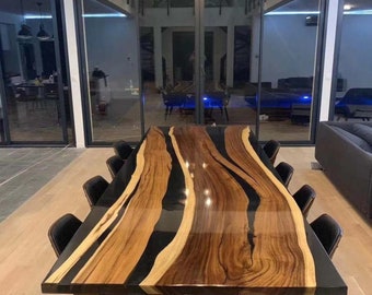 Sofá central de resina epoxi negra, mesa de comedor, muebles hechos a mano, decoraciones de pasillo de nogal con borde vivo de madera