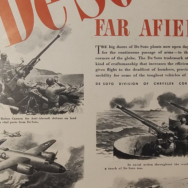 Vintage WWII DeSoto Chrysler Automotive Advertisement Poster Life Magazine 1943 *Wall Art Great for Framing* M4 Sherman Tank