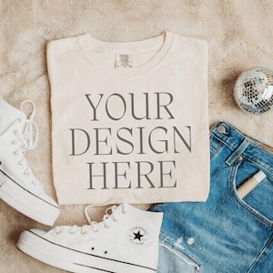Comfort Colors 1717 Mockup, Comfort Colors Ivory Mockup, Aesthetic Comfort Colors Ivory T shirt Flat Lay, Trendy Folded Shirt Mockup