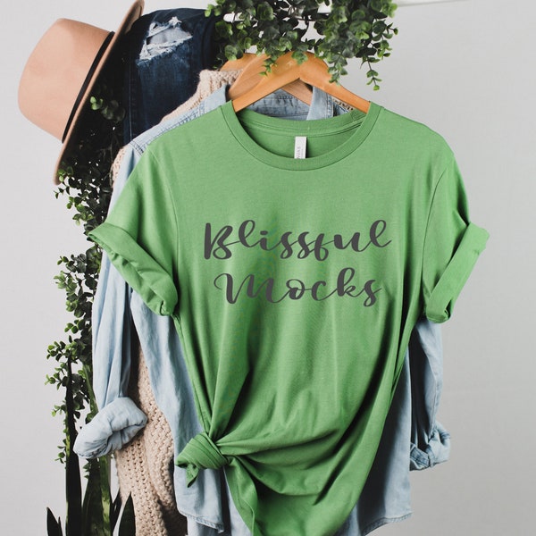 Bella Canvas 3001 Leaf T Shirt Mockup | Bella Canvas 3001 Mockup | Green T Shirt Mockup | Hanging Mockup | Tied T Shirt Mockup | 3001 Leaf