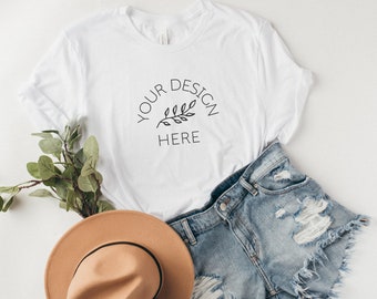 Bella Canvas 3001 Mockup | Bella Canvas 3001 White T Shirt Mockup | Styled Flat Lay | Tied T Shirt Mockup | Stylish Mockups | Blissful Mocks