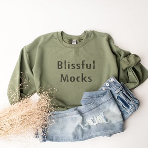 Gildan 18000 Mockup,  Sweatshirt Mockup, Gildan 18000 Flat Lay Mockup, Gildan 18000 Mockup, 18000 Military Green, army green sweatshirt mock