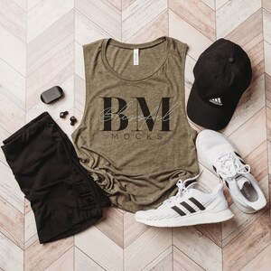 HEATHER OLIVE Muscle Tank Mockup | Bella Canvas 8803 | Athletic Flat Lay | Workout Tank Top Mockup |