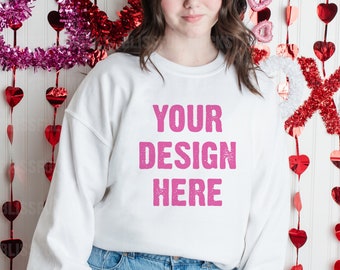 Valentines Day Mockup, Gildan 18000 White Sweatshirt, Sweatshirt Mockup, Model Mockup