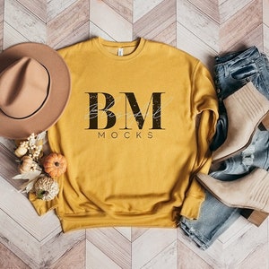 Bella Canvas 3945 HEATHER MUSTARD Sponge Fleece Unisex Sweatshirt Mockup Flat Lay Fall