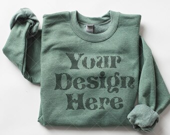 Sweatshirt Mockup Gildan 18000 Heather Sport Dark Green, Gildan Sweatshirt Mockup, Gildan 18000 Mockup, Crewneck, Folded Sweatshirt Mockup