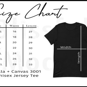 May include: Size chart for a unisex jersey tee, showing measurements in inches for width and length. Sizes range from XS to 3XL.