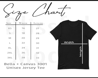 Tabla de tallas de Bella Canvas, tabla de tallas de camisetas Bella Canvas, tabla de tallas Bella Canvas 3001, guía de tallas de camisetas unisex, tabla de tallas 3001, maqueta