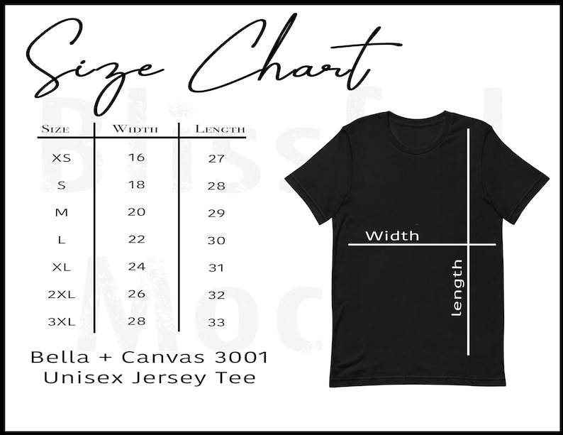 May include: Size chart for a unisex jersey tee, showing measurements in inches for width and length. Sizes range from XS to 3XL.
