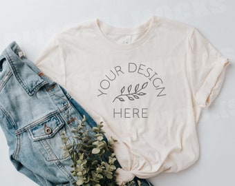 Bella Canvas Mockup | Bella Canvas Cream T-shirt mockup | Bella Canvas 3001 Natural T Shirt Mock Up With Jacket  | Simple Flat Lay Mockup