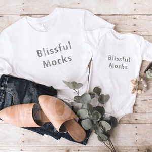 Mommy and Me Bella Canvas 3001 White and 100B White T-shirt Mockup,  Family Tshirt Mock Up, Onesie Mockup,  Mom and Baby Bella Canvas Mockup
