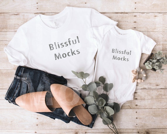 Mommy and Me Bella Canvas 3001 White and 100B White T-shirt Mockup,  Family Tshirt Mock Up, Onesie Mockup,  Mom and Baby Bella Canvas Mockup