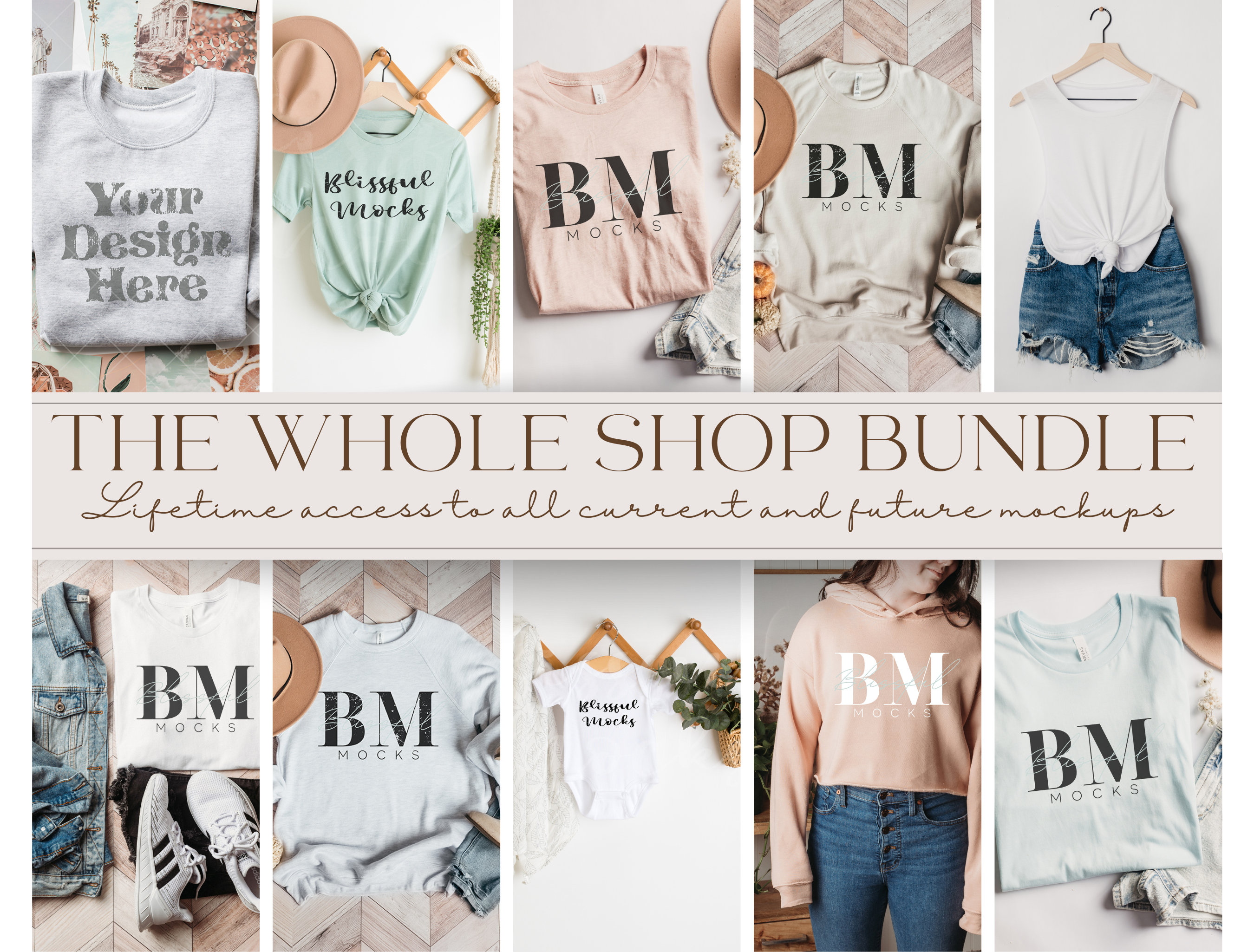 The Whole Shop Mockup Bundle, Bella Canvas 3001, 3901, 3501, 8803, 3945, Gildan 18000 Sweatshirt, Rabbit Skins, Comfort Colors, Mockups