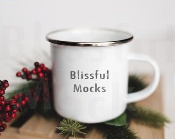Julmuggmodell, lägereldsmuggmodell, tom vit 340 g emaljmugg i lägereldsstil, stockbilder, kaffemuggmodell, digital JPG