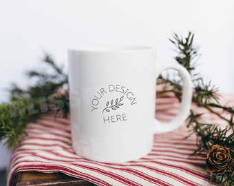 Maqueta de taza de café navideña de vidrio, fotografía de archivo de taza blanca en blanco, maqueta de diseño gráfico de fotografía de taza de invierno, descarga digital JPG